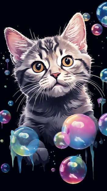 there is a cat that is looking at bubbles on the ground generative ai