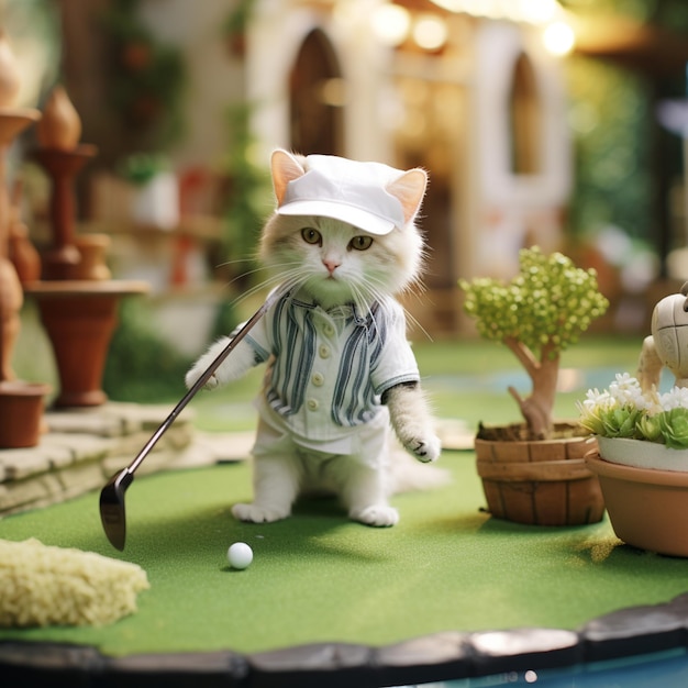 There is a cat that is playing golf on the miniature golf course generative ai