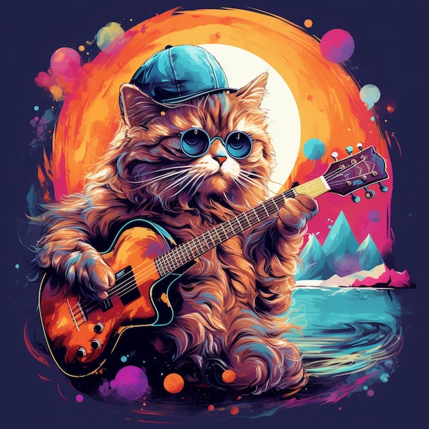 There is a cat that is playing a guitar on the beach generative ai