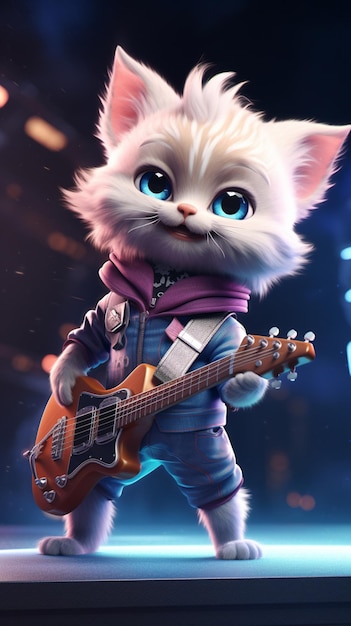 Есть кот, который играет на гитаре на сцене с генеративным искусственным интеллектом.