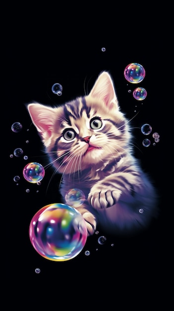 there is a cat that is playing with bubbles on a black background generative ai