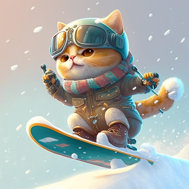 There is a cat that is riding a snowboard on a hill generative ai