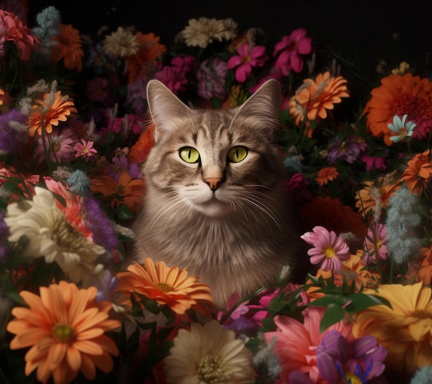 there is a cat that is sitting in a bed of flowers generative ai