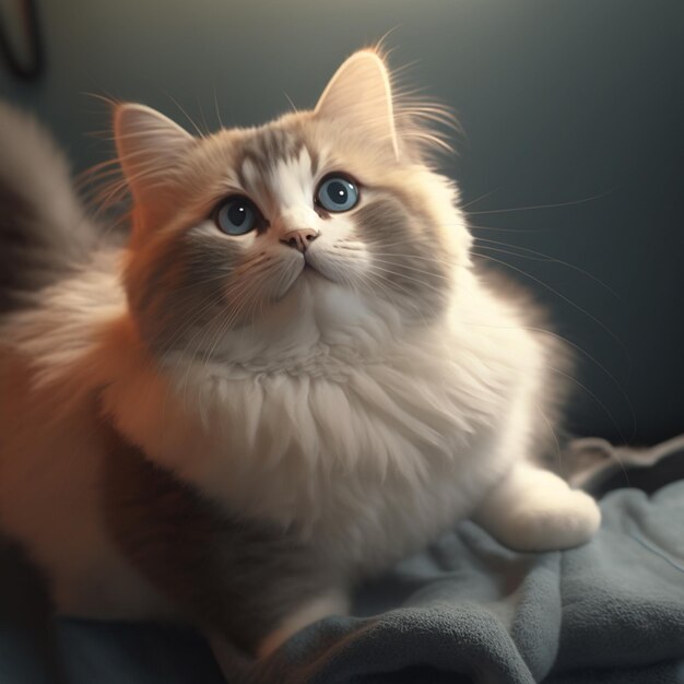 毛布の上に座って生成 AI を見上げている猫がいます