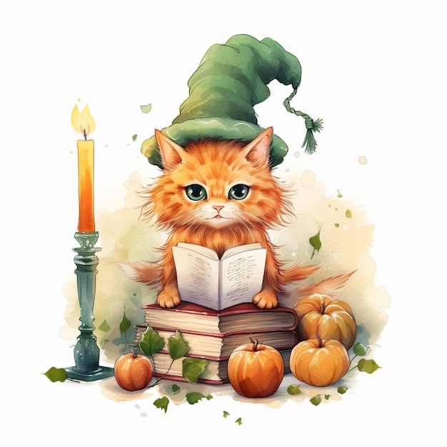there is a cat that is sitting on a book with a candle generative ai