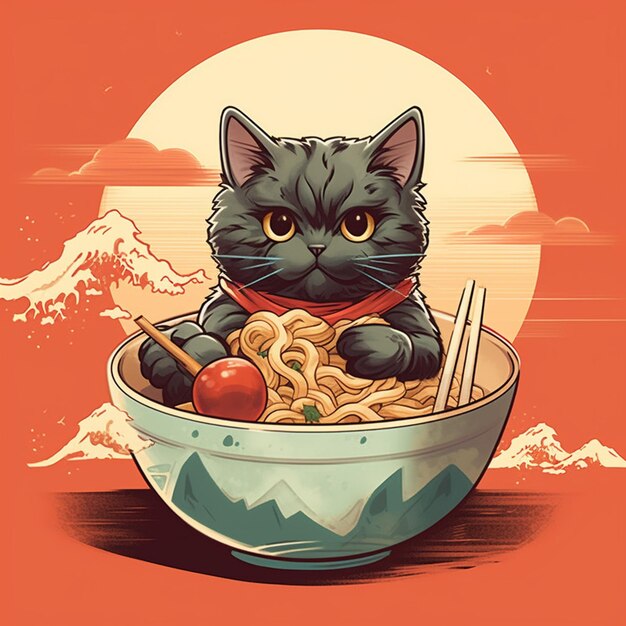 There is a cat that is sitting in a bowl of noodles generative ai