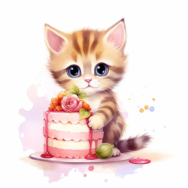 there is a cat that is sitting next to a cake generative ai