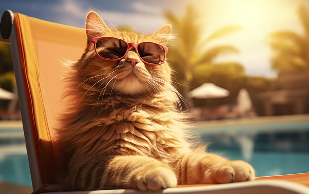 there is a cat that is sitting on a chair by the pool generative ai