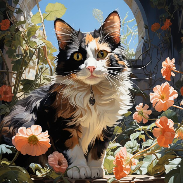 There is a cat that is sitting in the flowers generative ai