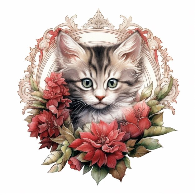 There is a cat that is sitting in a frame with flowers generative ai