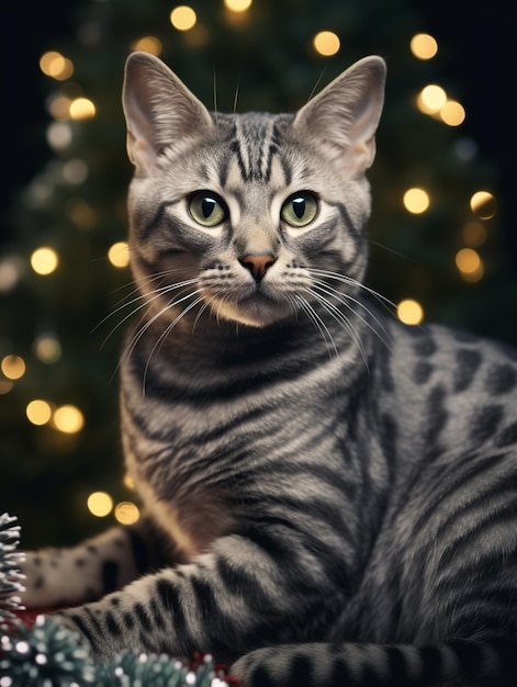 Photo there is a cat that is sitting in front of a christmas tree generative ai