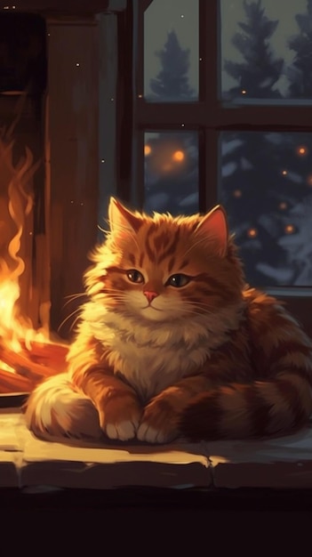 There is a cat that is sitting in front of a fire generative ai