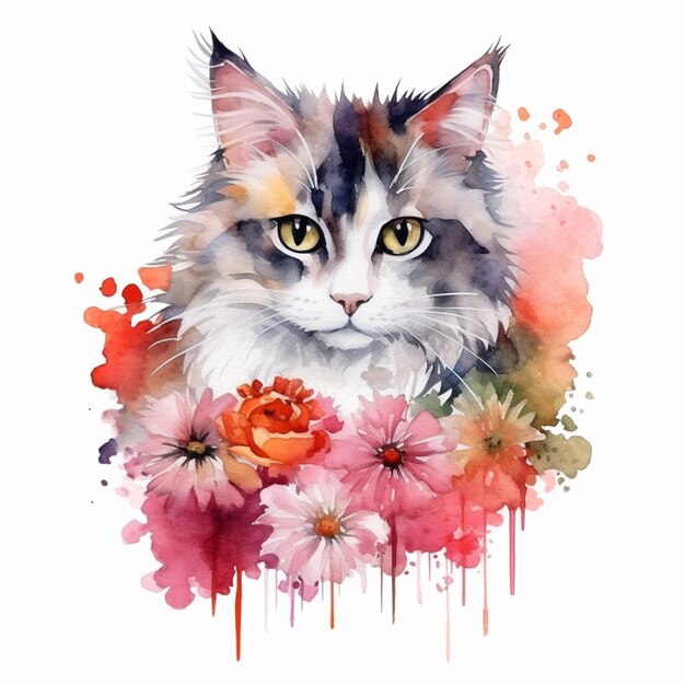 there is a cat that is sitting in front of a flower generative ai