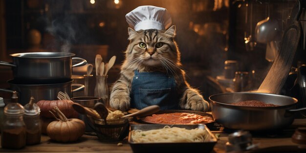 funny cat in a chef hat cooking food in the kitchen Generative AI 22081114  Stock Photo at Vecteezy