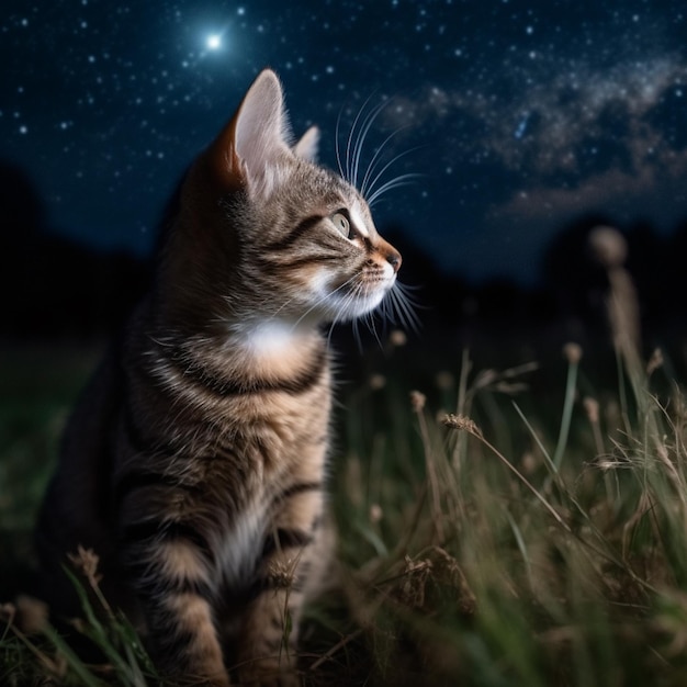 there is a cat that is sitting in the grass looking up generative ai