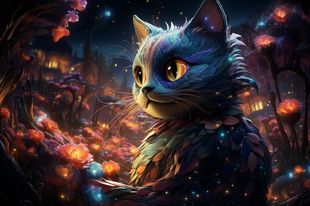 there is a cat that is sitting in the grass with fireflies generative ai