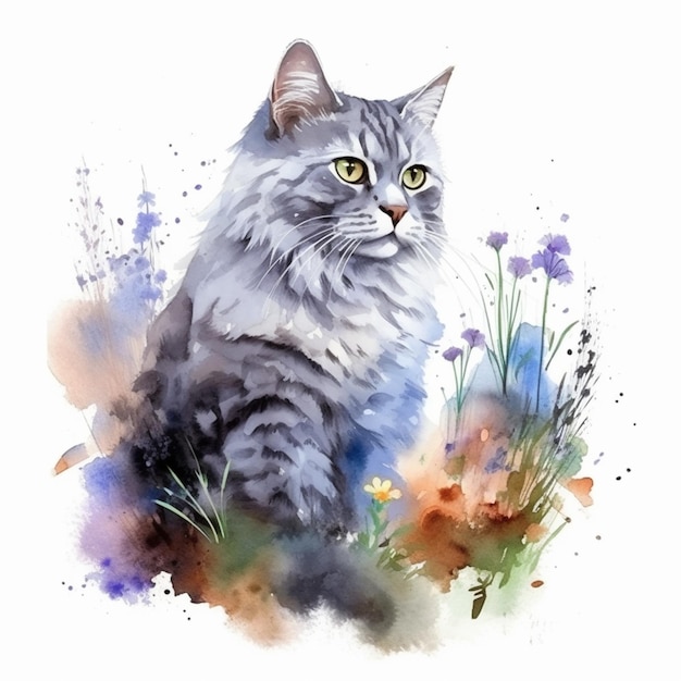 There is a cat that is sitting in the grass with flowers generative ai