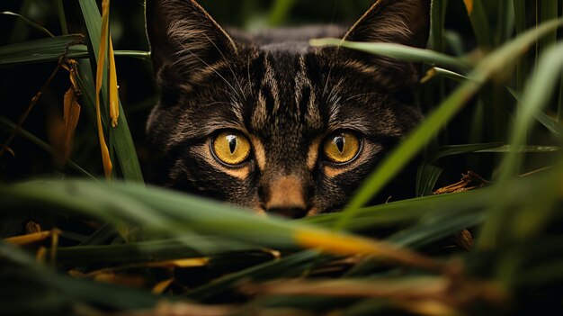 There is a cat that is sitting in the grass with yellow eyes