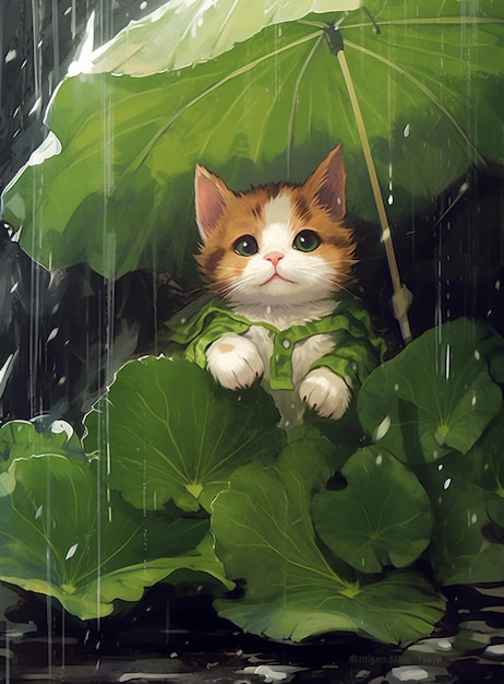 There is a cat that is sitting under a green umbrella generative ai