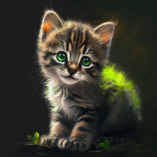 there is a cat that is sitting on the ground with green eyes generative ai