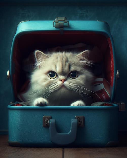 there is a cat that is sitting inside of a blue suitcase generative ai