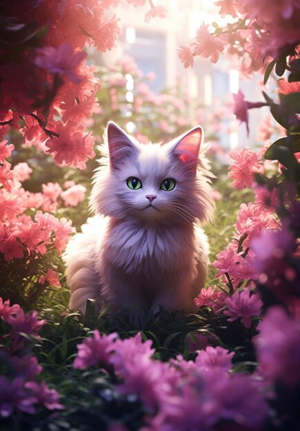 there is a cat that is sitting in the middle of some flowers generative ai