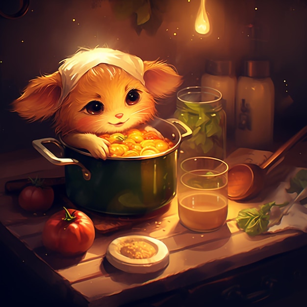 There is a cat that is sitting in a pot of food generative ai