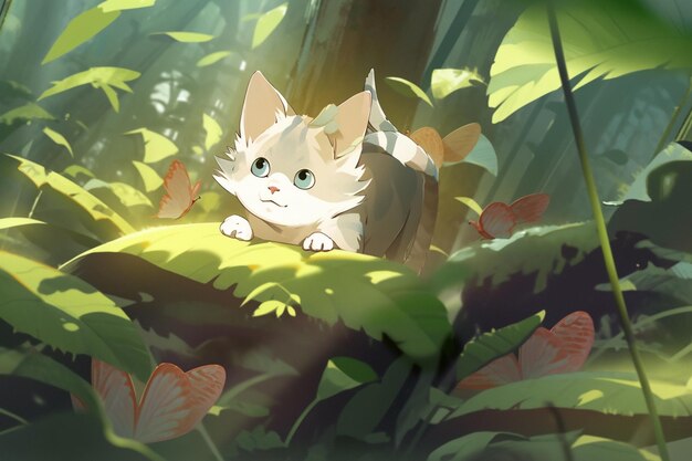 숲 속의 바위 위에 앉아있는 고양이가 있습니다.