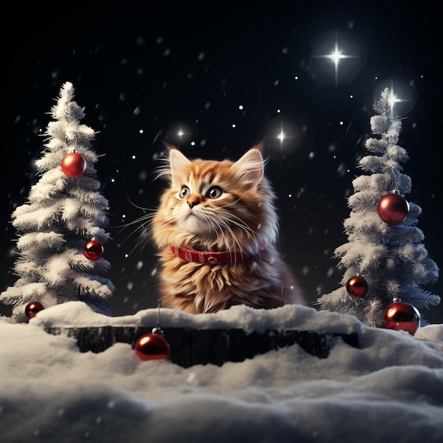 Есть кошка, которая сидит в снегу рядом с рождественскими деревьями.