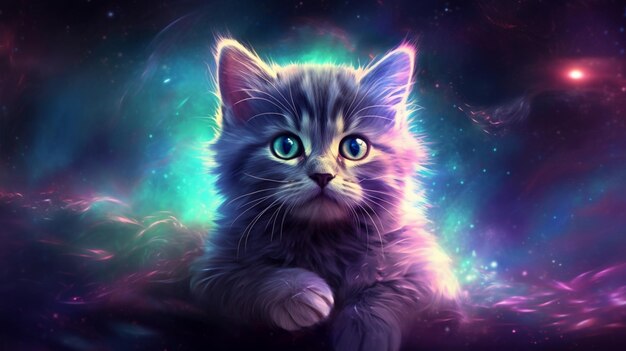 There is a cat that is sitting in the space with a bright blue eye generative ai