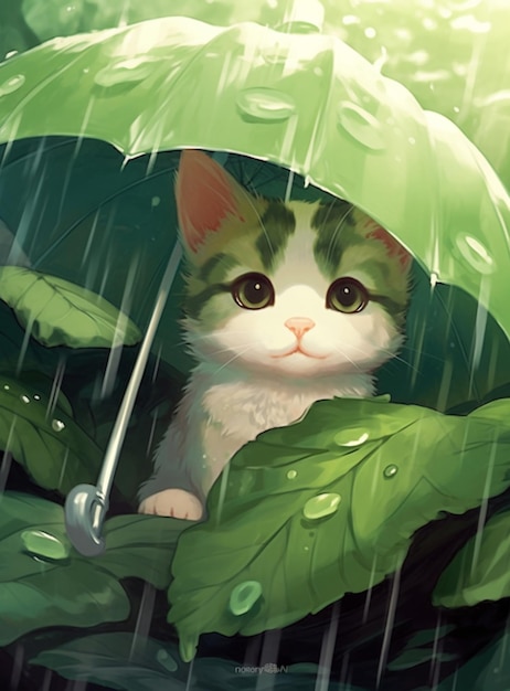 There is a cat that is sitting under an umbrella in the rain generative ai