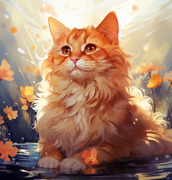 there is a cat that is sitting in the water with flowers generative ai