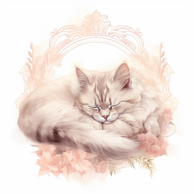 there is a cat that is sleeping on a flowered pillow generative ai