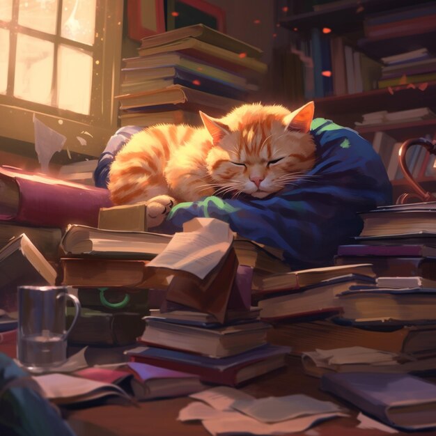 there is a cat that is sleeping on a pile of books generative ai