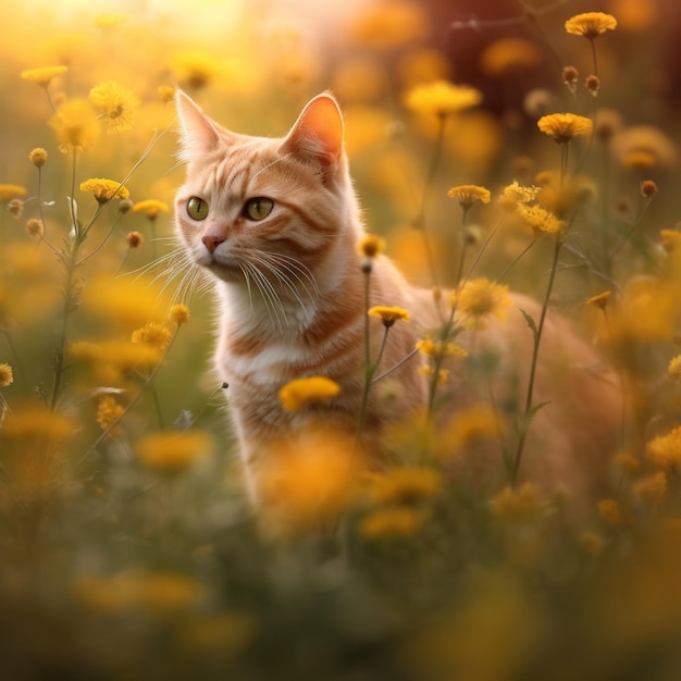 花の畑に立っている猫がいます