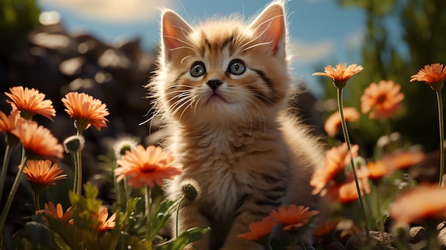 There is a cat that is standing in the grass with flowers