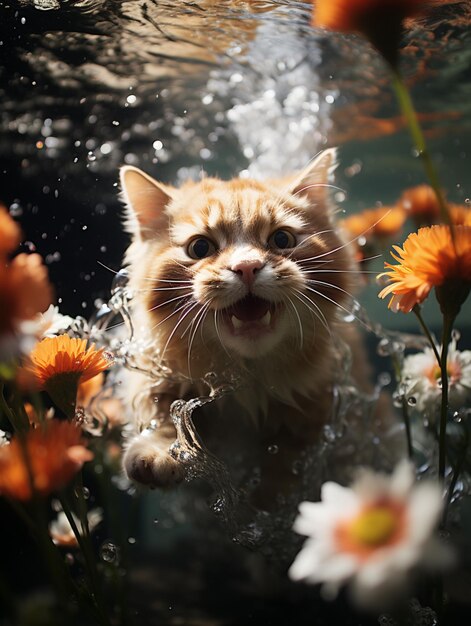 There is a cat that is in the water with flowers generative ai