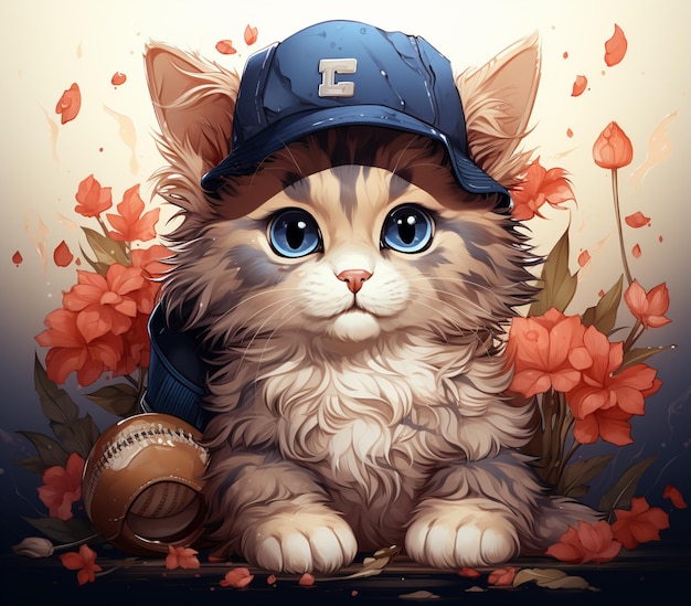 野球の帽子をかぶって花の中に座っている猫がいます
