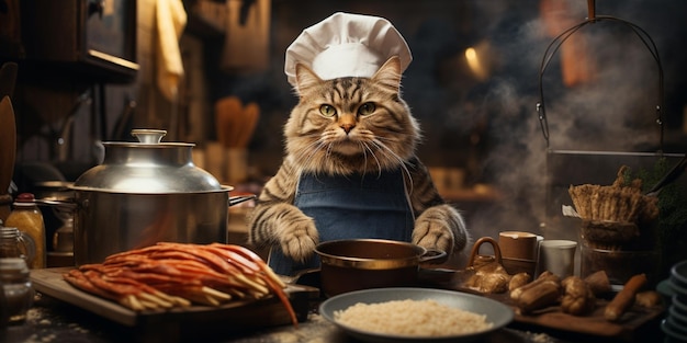 셰프 모자를 입고 요리를 하는 고양이가 있습니다.