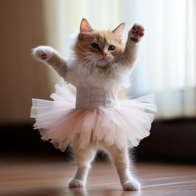 Foto c'è un gatto che indossa un vestito e balla generativo ai