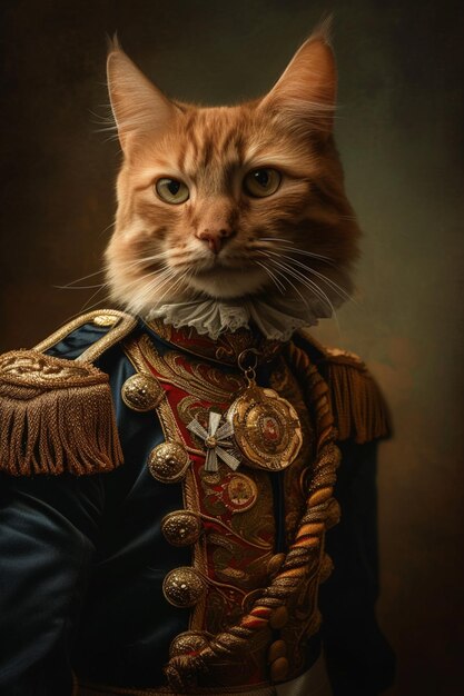 there is a cat that is wearing a military uniform generative ai