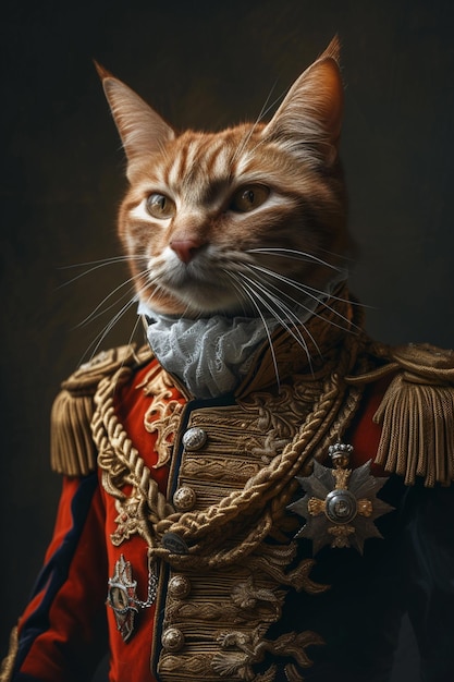 there is a cat that is wearing a military uniform and looking at the camera generative ai
