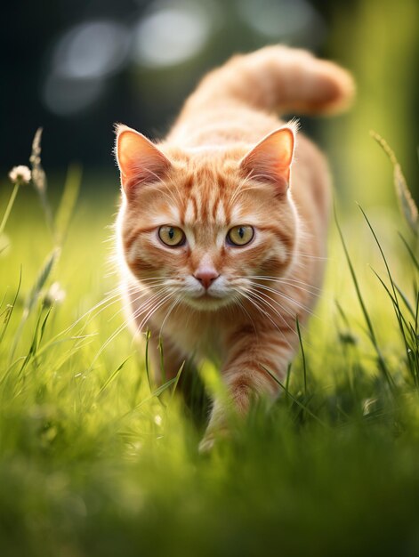 there is a cat walking through the grass in the sun generative ai