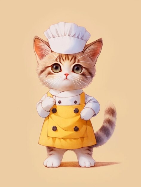 Photo there is a cat wearing a chefs hat and yellow dress generative ai