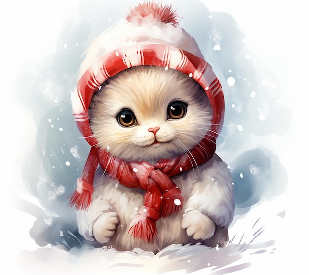 there is a cat wearing a hat and scarf in the snow generative ai