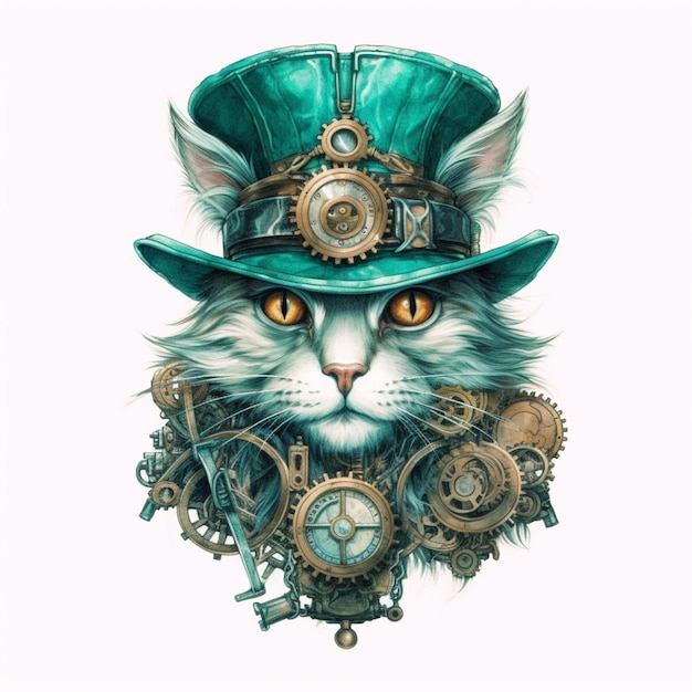 there is a cat wearing a hat with gears and a clock generative ai