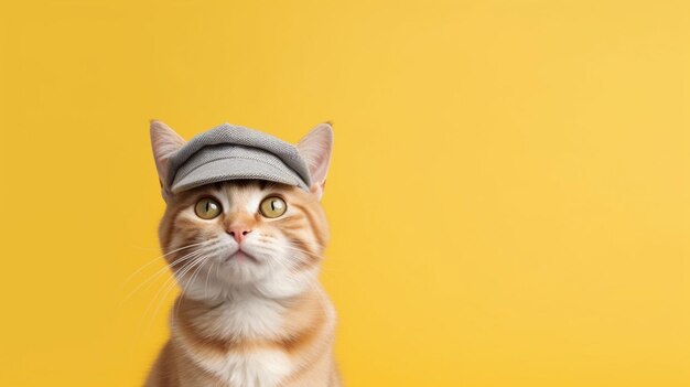 There is a cat wearing a hat on a yellow background generative ai