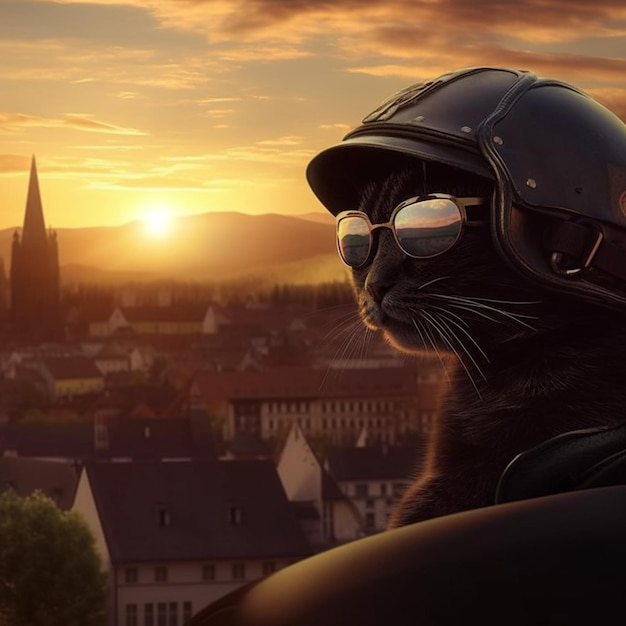 Photo there is a cat wearing a helmet and sunglasses on a motorcycle generative ai