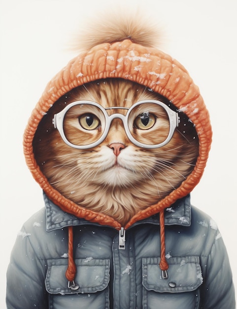 There is a cat wearing a jacket and glasses on a white background generative ai