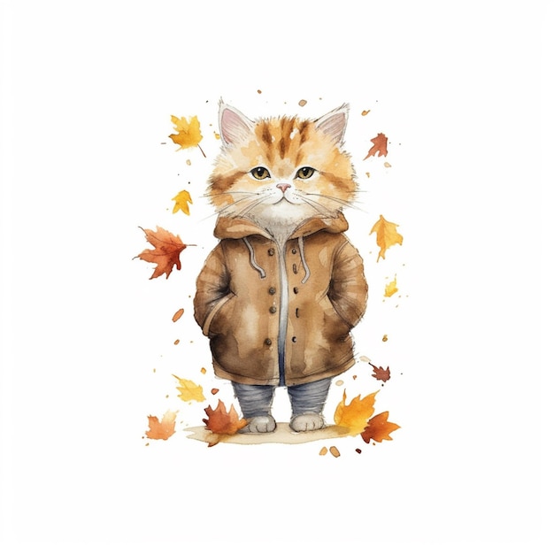 Photo there is a cat wearing a jacket and standing in the leaves generative ai